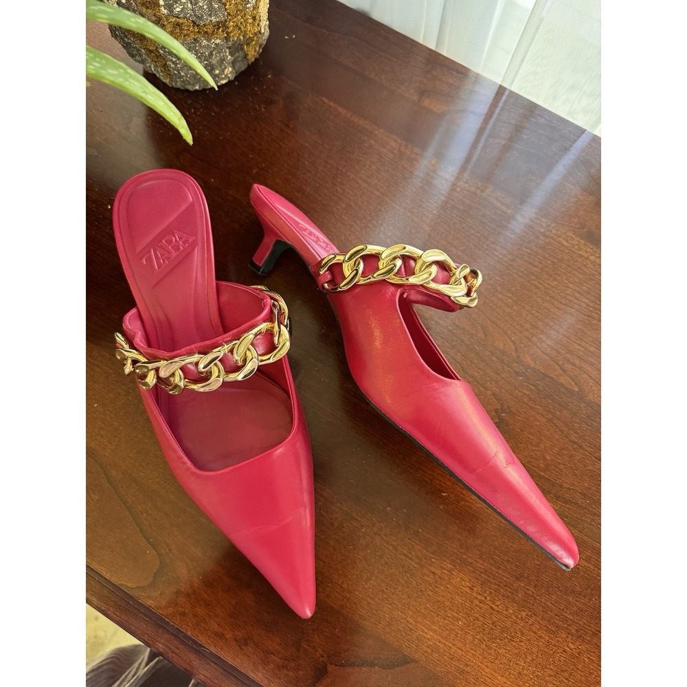 ZARA Pink Fuchsia Pointed Toe Mules Gold Chain Kitten Heels - Size 39